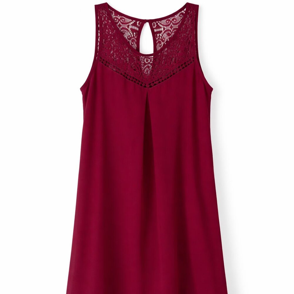 Burgundy Lace Yoke Sleeveless Dress Women’s Flowy Boho Shift Dress